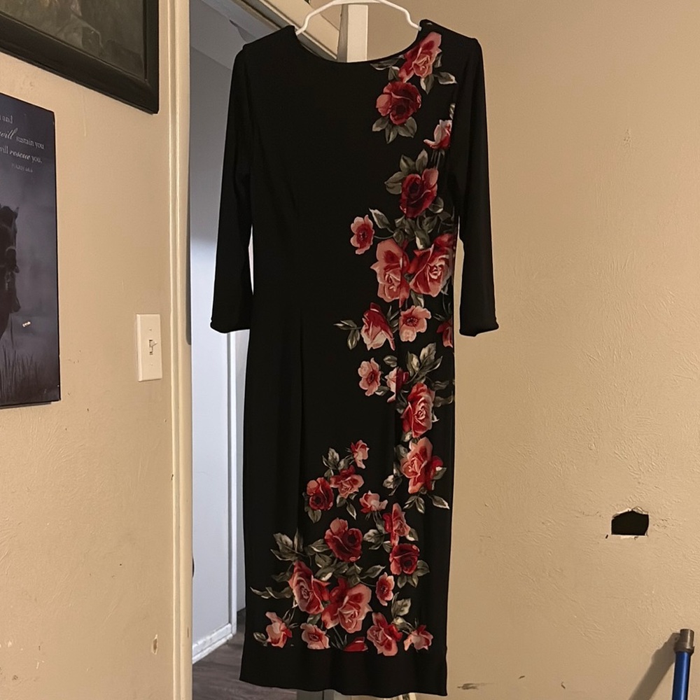 White House Black Market Black and Pink Sheath Dress 3/4 Sleeve Cocktail